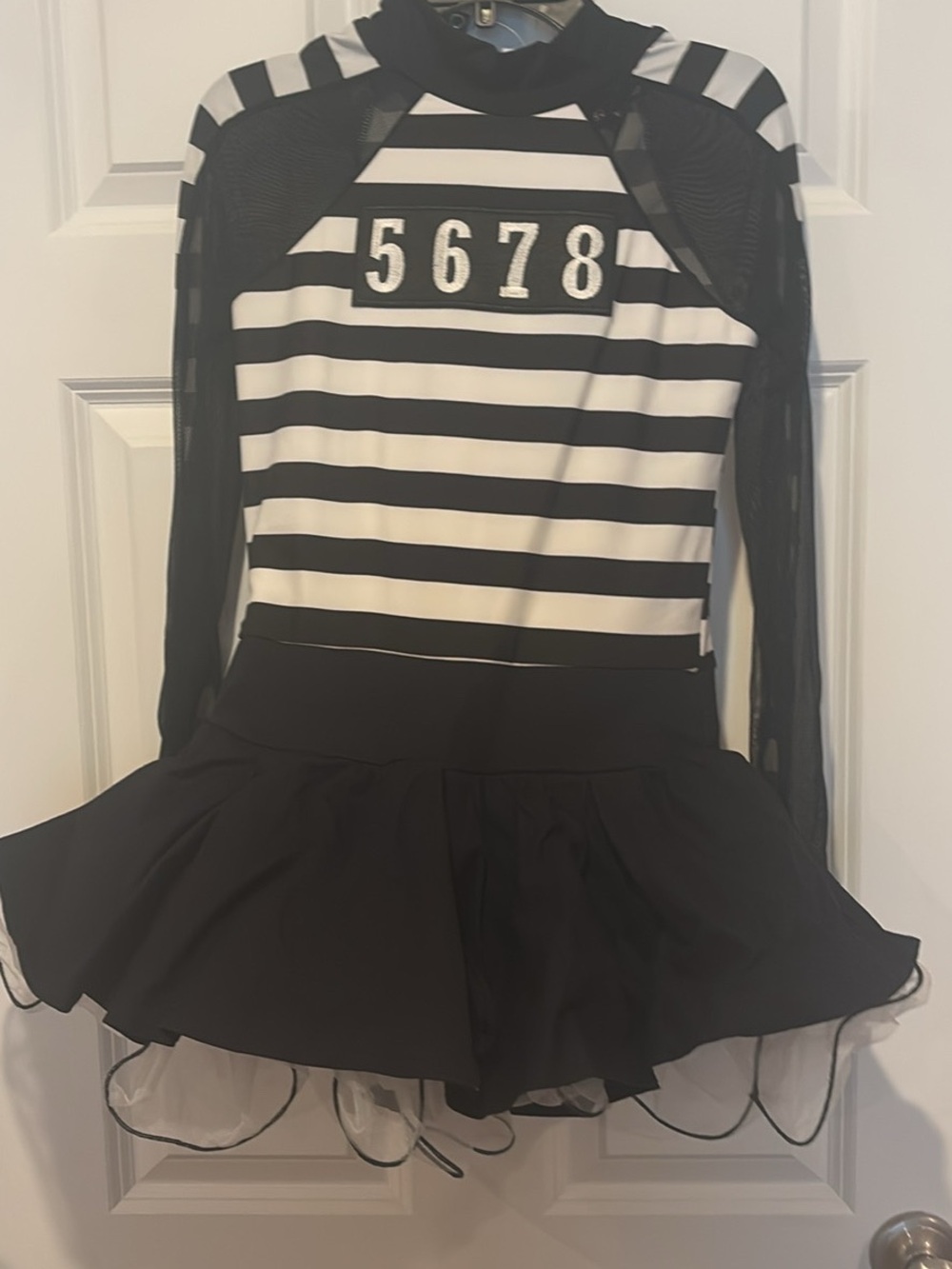 Weissman Black and White Striped Prisoner Dress with Tulle Skirt